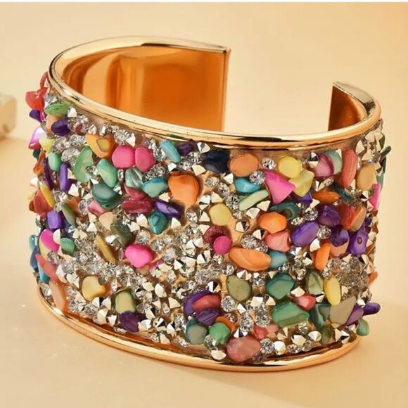 NEW! Pretty Colorful Shell Glass 14K Gold Plated Iron Bangle Bracelet Boho - Picture 2 of 4